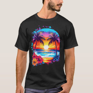 Camiseta Férias de Verão Praia Palmeiras Flores de Hibisco