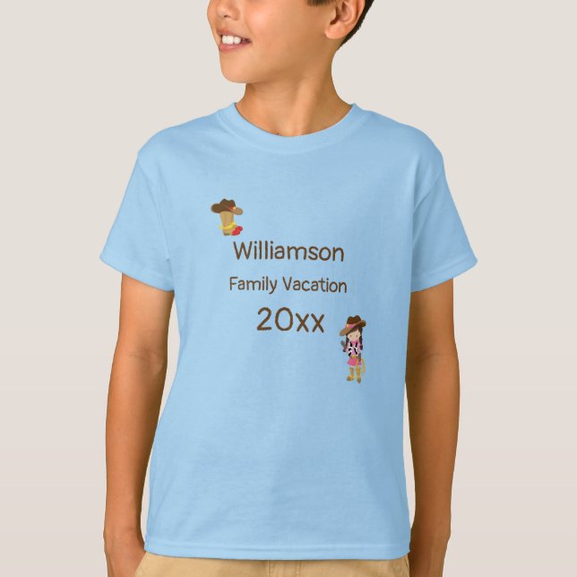 Camiseta Férias Familiares De Cowboy Do Tema Ocidental Pers (Frente)