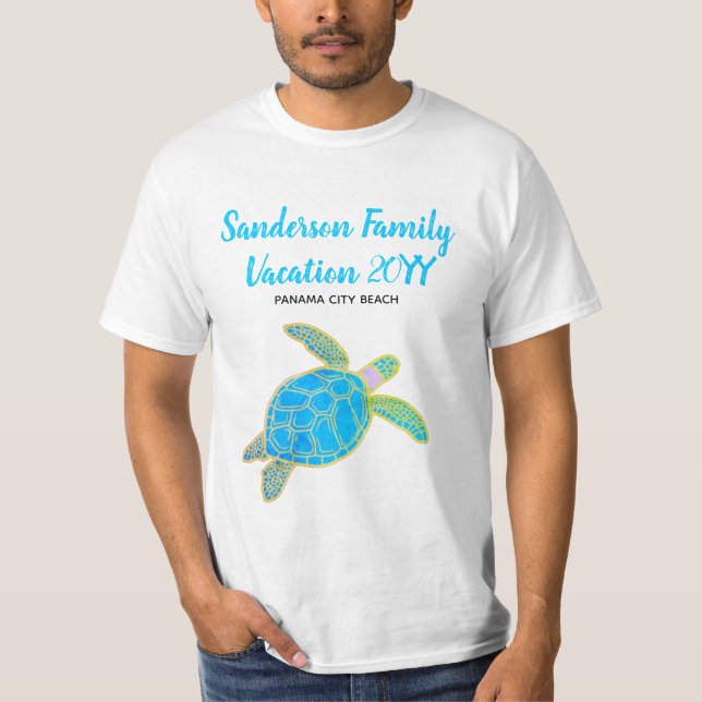 Camiseta Férias Familiares Tartaruga-do-mar Azul (Frente)