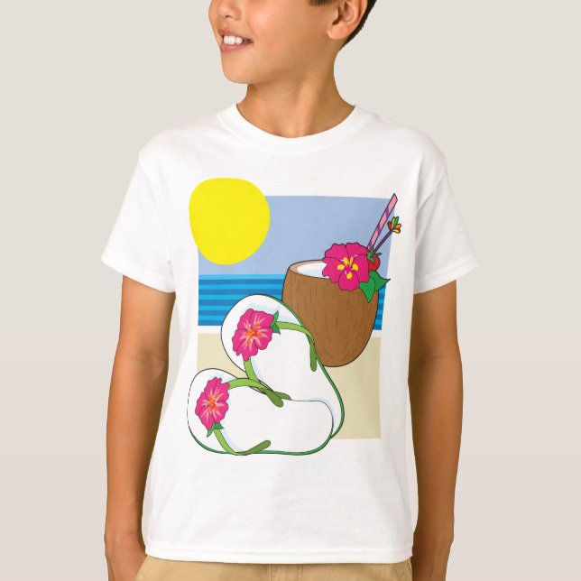 Camiseta Férias na Praia Tropical Flores de Coco Chinelos (Frente)