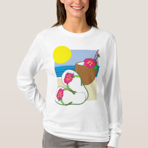 Camiseta Férias na Praia Tropical Flores de Coco Chinelos