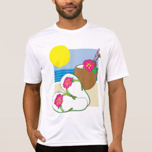 Camiseta Férias na Praia Tropical Flores de Coco Chinelos