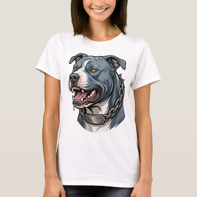 Camiseta Feroz Pit Bull Cinza Azul com Colar de Cadeia com  (Frente)
