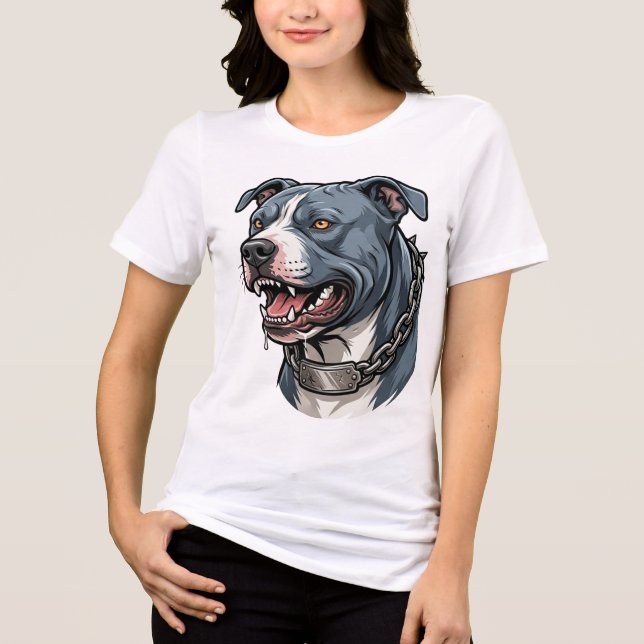 Camiseta Feroz Pit Bull Cinza Azul com Colar de Cadeia com  (Frente)