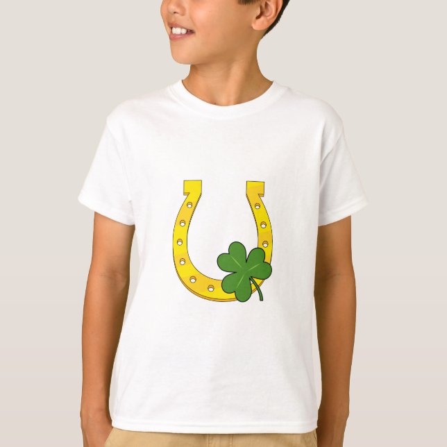 Camiseta Ferradura de Ouro Sortudo com Shamrock em Branco (Frente)