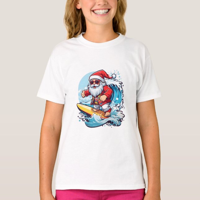 Camiseta Feset Santa Claus Surfando Ondas de Natal (Frente)