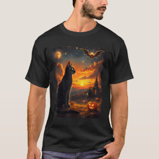 Camiseta Festa da Cena da Lua Gótica do Gato Preto do Hallo