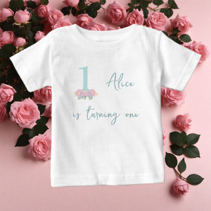 Camiseta Festa de 1º aniversário azul floral, rosa pastel