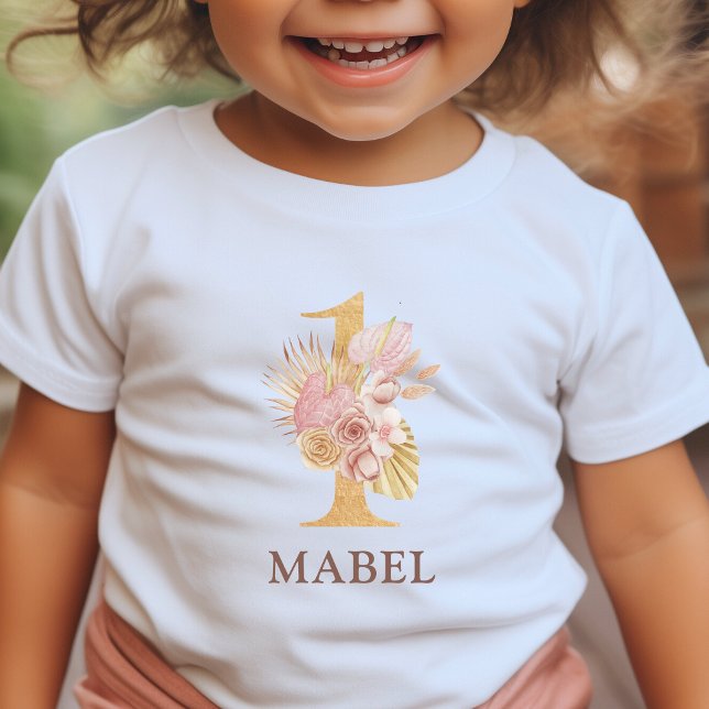 Camiseta Festa de 1º Aniversário Boho Floral (Kids 1st Birthday Party T-Shirt floral boho style)