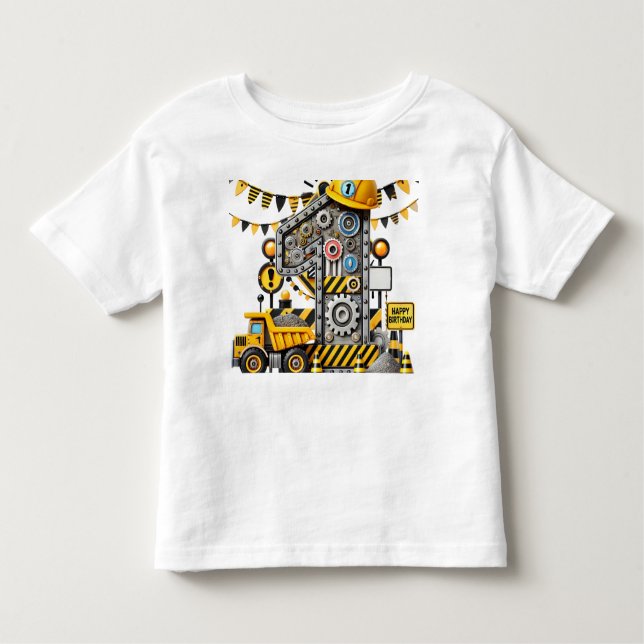 Camiseta Festa de 1º Aniversário com Tema de Construção (Frente)