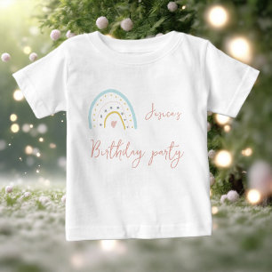 Camiseta Festa de aniversário arco-íris azul rosa pastel