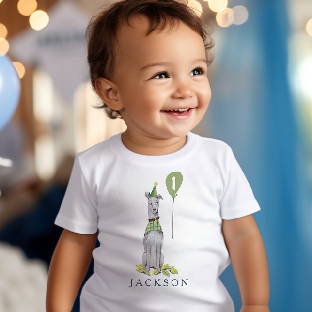 Camiseta Festa de aniversário cachorrinho fofo galgo Idade (Birthday Paw-ty cute puppy dog Custom Age Baby T-Shirt)