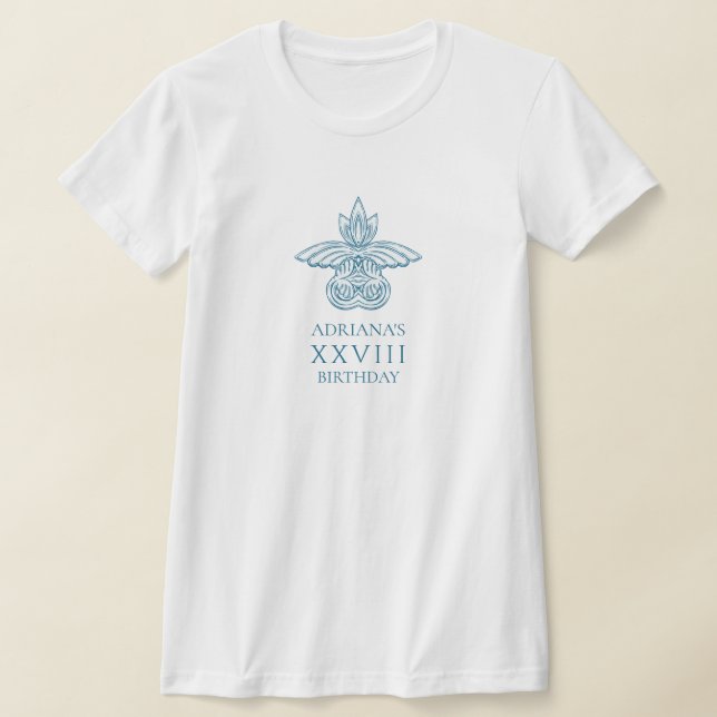 Camiseta Festa de aniversário com toga grega e elemento azu (Postura )