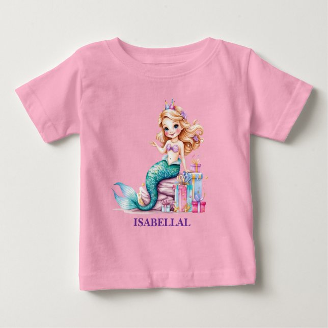 Camiseta Festa de aniversário da menina arco-íris da sereia (Frente)