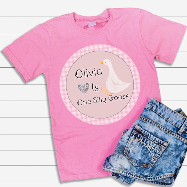 Camiseta Festa de Aniversário da Menina Ganso Tolo com Xadr (Pink Gingham One Silly Goose Girl's Birthday Party Baby T-Shirt)