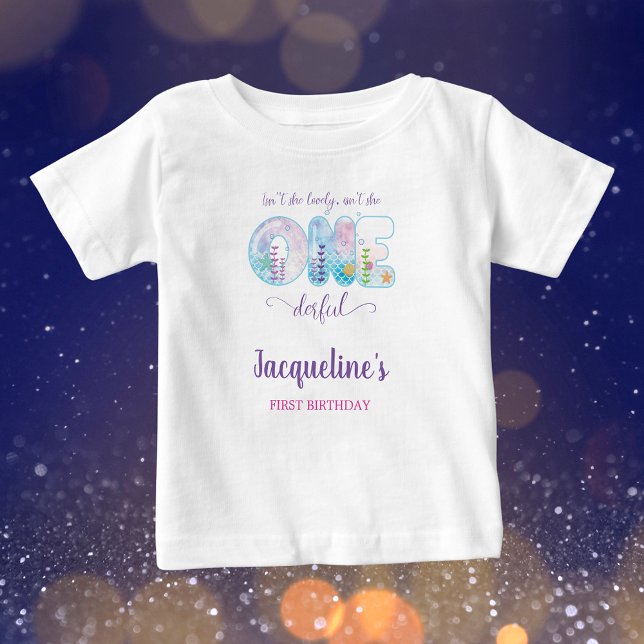 Camiseta Festa de Aniversário de 1 Ano das Meninas Debaixo  (Under the sea girls 1st birthday white t-shirt.)