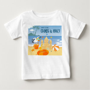 Camiseta Festa de aniversário de bebê menino na praia com c