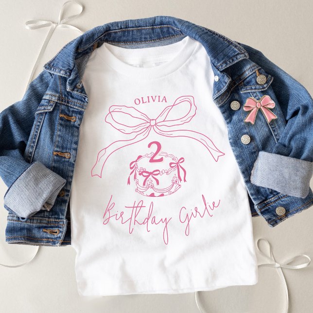 Camiseta Festa de aniversário de bolos cor-de-rosa desenhad (Cute toddler girl pink hand drawn coquette bow cake birthday girlie kids white t-shirt)