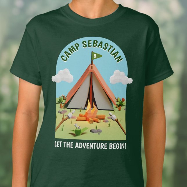 Camiseta Festa de aniversário de Campanha de Aventura Verde (Green Outdoors Adventure Camping Birthday Party T-Shirt)