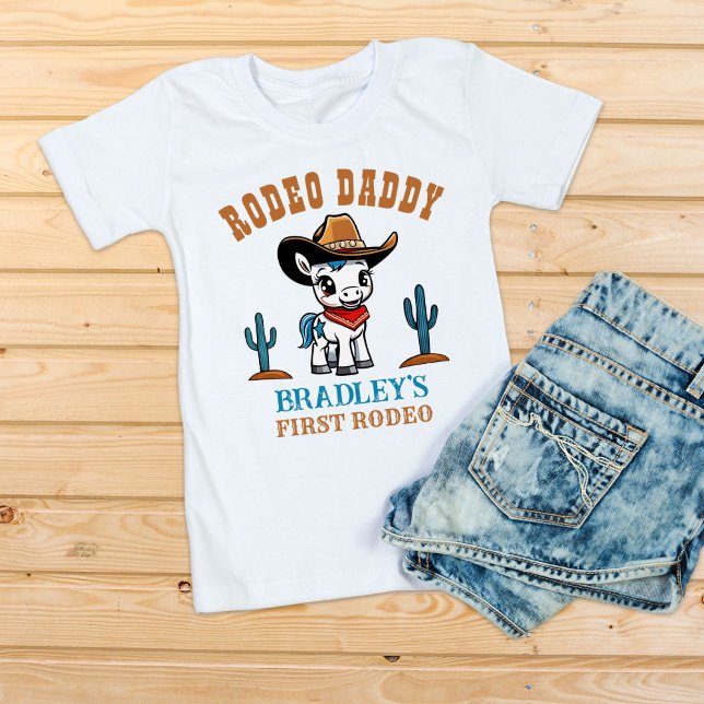 Camiseta Festa de aniversário de cavalo de cowboy pai Rodeo (Rodeo daddy First rodeo western birthday party shirt cowboy horse matching family photoshoot shirt)