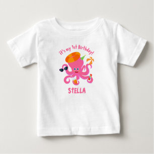Camiseta Festa de aniversário de menina bebê polvo rosa ver