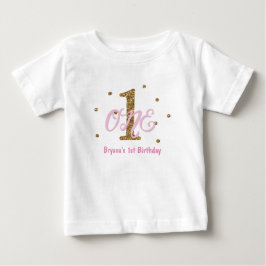 Camiseta Festa de Aniversário de Meninas Rosa e Dourado ONE
