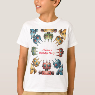 Camiseta Festa de Aniversário de Menino com Robôs Retrô Col