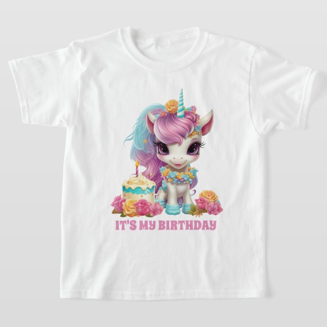 Camiseta Festa de aniversário de unicórnio de menina bonita (Postura )