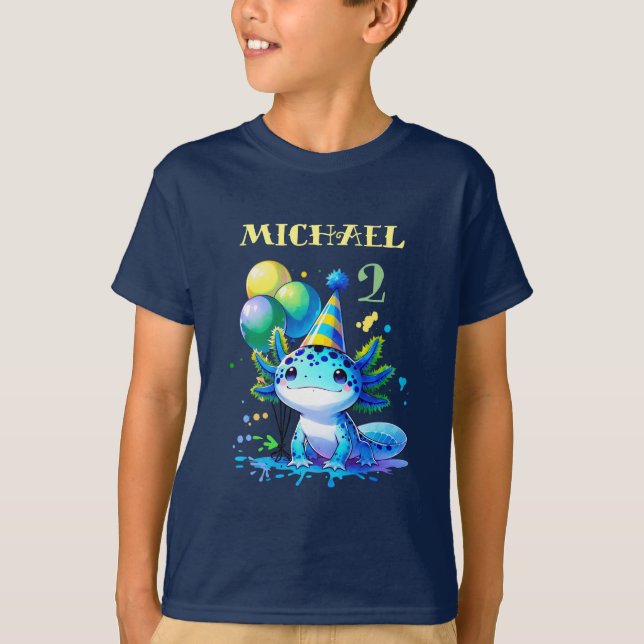 Camiseta Festa de aniversário do Menino Axolotl Azul e Verd (Frente)
