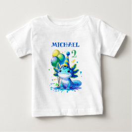 Camiseta Festa de aniversário do Menino Axolotl Azul e Verd