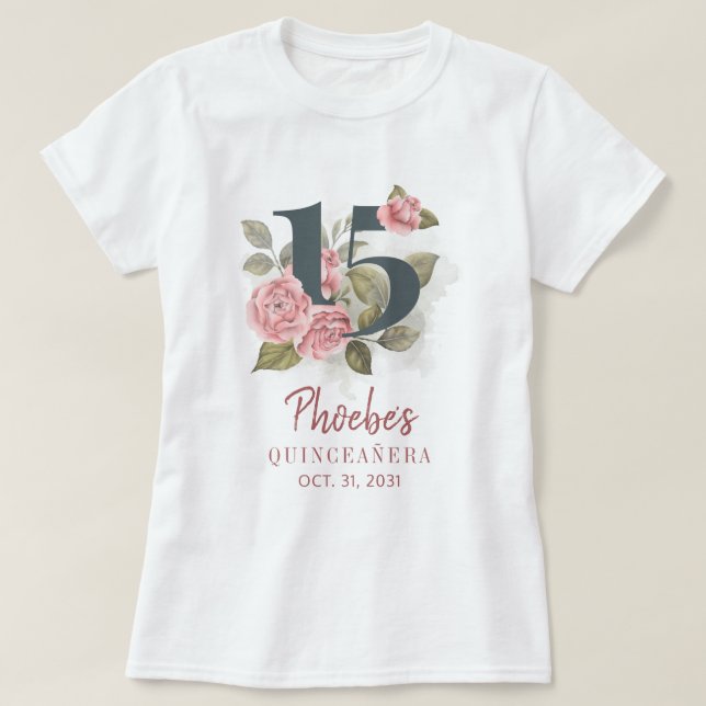 Camiseta Festa de Correspondência de Quinceanera, 15 Floral (Frente do Design)