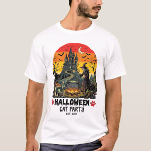 Camiseta Festa de Gato de Halloween Bruxa Caldeirão Gatos P