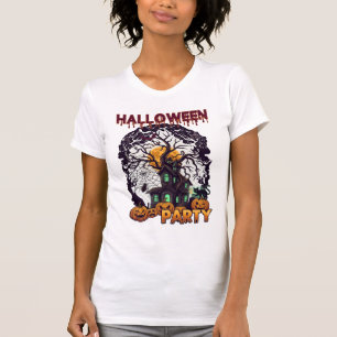 Camiseta Festa de Halloween Casa Assombrada Árvore Abóboras