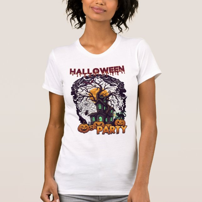 Camiseta Festa de Halloween Casa Assombrada Árvore Abóboras (Frente)