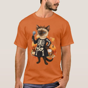 Camiseta Festa de Halloween do Gato Siames com Abóbora