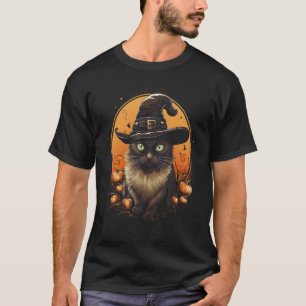Camiseta Festa de Halloween Gato Preto Chapéu de Bruxa Lua 