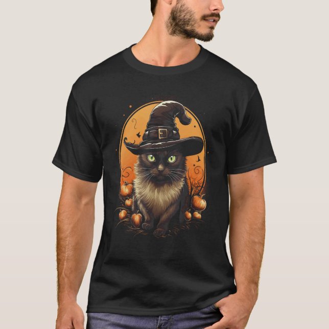 Camiseta Festa de Halloween Gato Preto Chapéu de Bruxa Lua  (Frente)