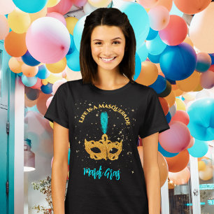 Camiseta Festa de Mardi Gras Máscara Dourada e Azul