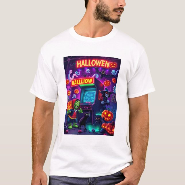 Camiseta Festa de Monstros de Halloween Arcade (Frente)