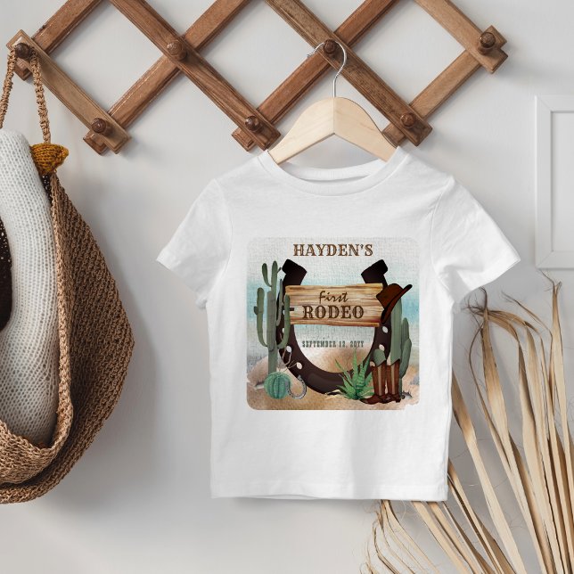 Camiseta Festa de primeiro aniversario Rodeo Cowboy Ocident (Boy's Rustic Western "First Rodeo" 1st Birthday Party T-Shirt for Baby | Toddler)