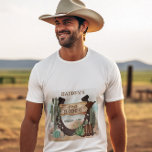 Camiseta Festa de primeiro aniversario Rodeo Cowboy Ocident<br><div class="desc">É o seu pequeno "Primeiro Rodeio" e sabemos que está tão animado! Celebrar o cowboy no estilo rústico da vaca ocidental com esse garoto design do Partido primeiro aniversario. Apresenta uma base de areia aquosa com cactos sortidos, ferradura, botas e chapéu de cowboy junto com um cartaz de madeira rústica...</div>