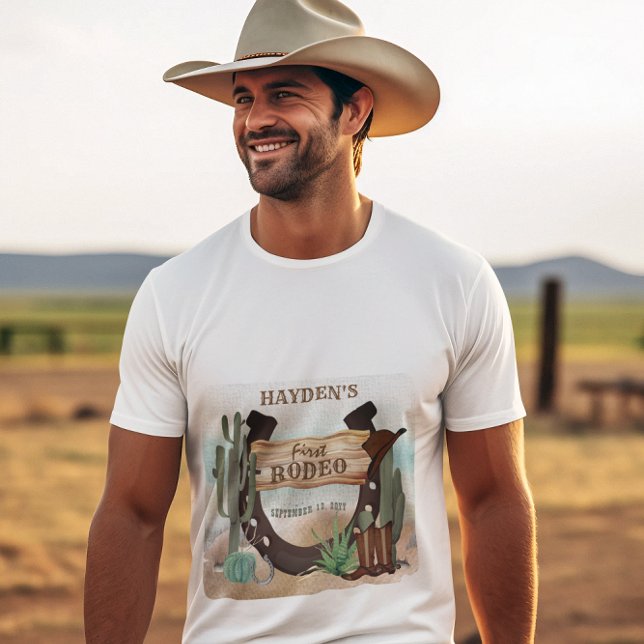 Camiseta Festa de primeiro aniversario Rodeo Cowboy Ocident (Boy's Rustic Western "First Rodeo" 1st Birthday Party T-Shirt for Dad | Men)