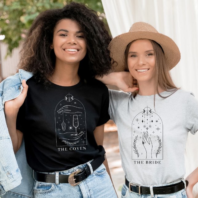 Camiseta Festa de Solteira com Cartão Tarot Místico A Coven (The Bride and The Coven Mystical Tarot Card Bachelorette Party Matching T-shirts)