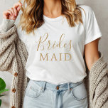 Camiseta Festa de solteira Dourada de Bridesmaid minimalist<br><div class="desc">Esta camisa minimalista de festa de solteira dourada e tripla é perfeita para uma festa de solteira ou chá de panela divertida. A design romântica moderna apresenta ouro clássico e tipografia branca emparelhada com uma caligrafia rústica, mas elegante, com estilo voltado para a mão. Personalizável em qualquer cor. Mantenha o...</div>