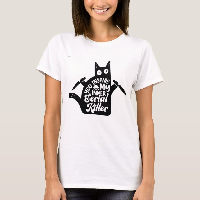 Camiseta Festa Engraçado de Homicídio Negro Cat Halloween F (Frente)