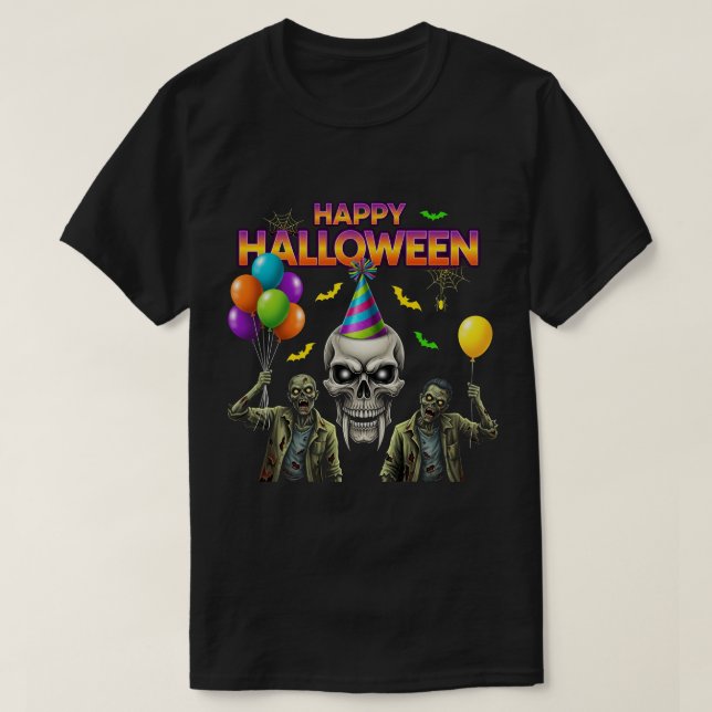 Camiseta Festa Feliz de Halloween do Zombie e do Skull (Frente do Design)