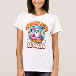 Camiseta Festa Flutuante de Flamingo Fantasma Fofo e Assust