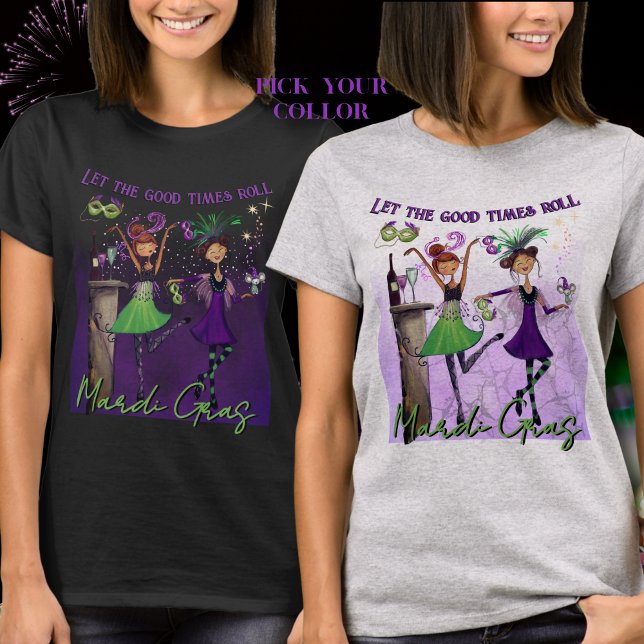 Camiseta Festiva de Mardi Gras com Garotas Dançant (Whimsical Mardi Gras Dancing Girls Festive T-Shirt)