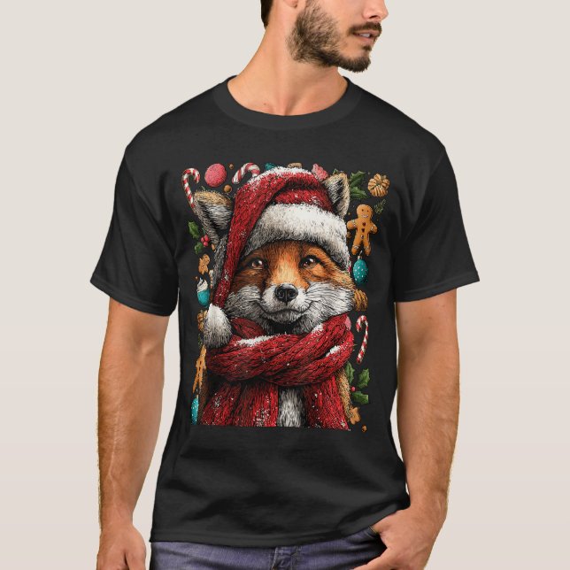 Camiseta Festive Fox With Snow Santa Hat Winter Christmas A (Frente)