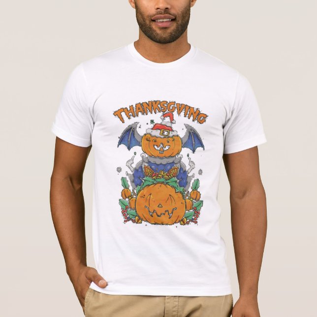 Camiseta "Festivo Crossover: Feliz Dia das Bruxas e Ação de (Frente)